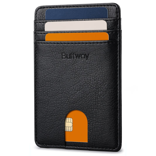 Buffway Mens Slim Wallet, Minimalist Thin Front Pocket Leather Credit Card Holder with RFID Blocking for Work Travel - Galactic Crack Black