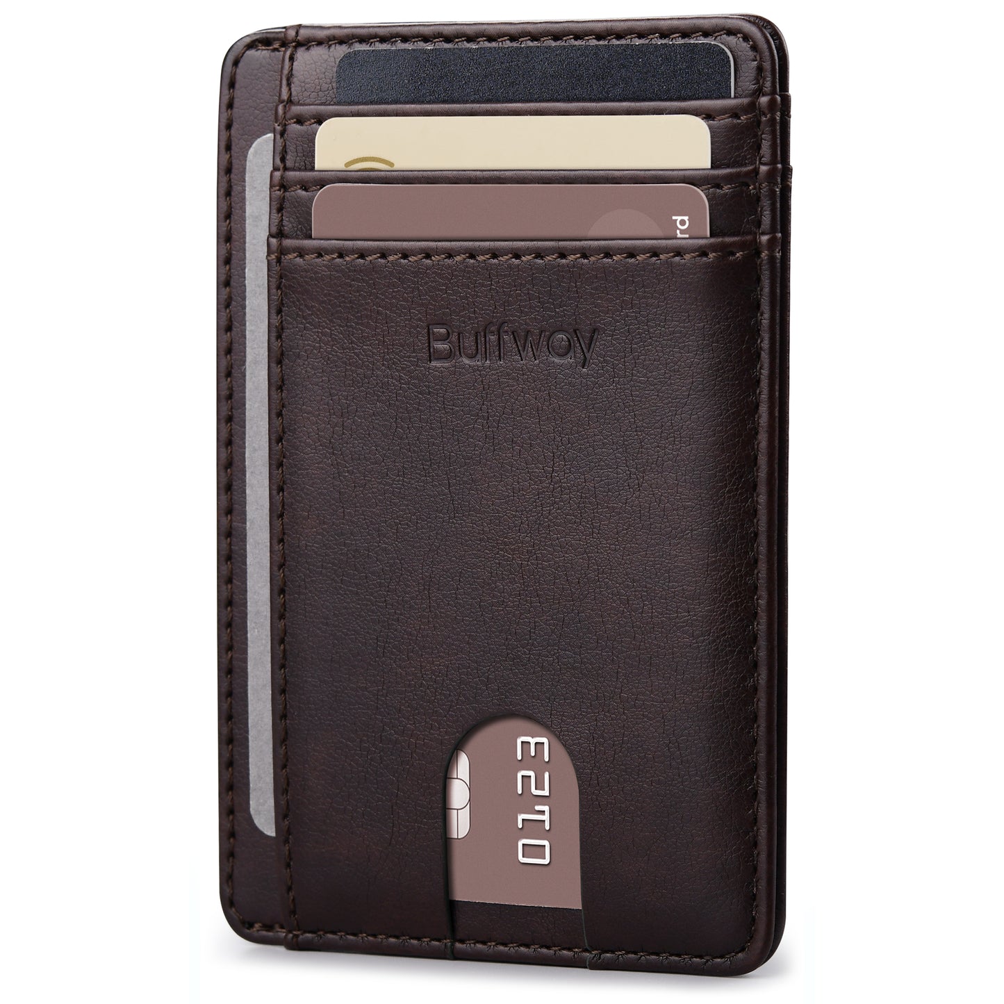 Buffway Slim Minimalist Front Pocket RFID Blocking Leather Wallets for Men and Women - Pebble Brown