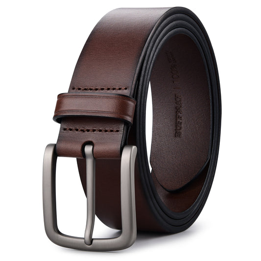 Buffway Men's Leather Belt, 1.5" Handcrafted Top-Grain Leather – Durable, Comfortable, Suitable for Everyday Formal & Casual Wear - Coffee