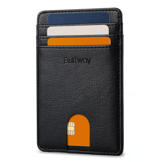 Buffway Mens Slim Wallet, Minimalist Thin Front Pocket Leather Credit Card Holder with RFID Blocking for Work Travel - Galactic Crack Black